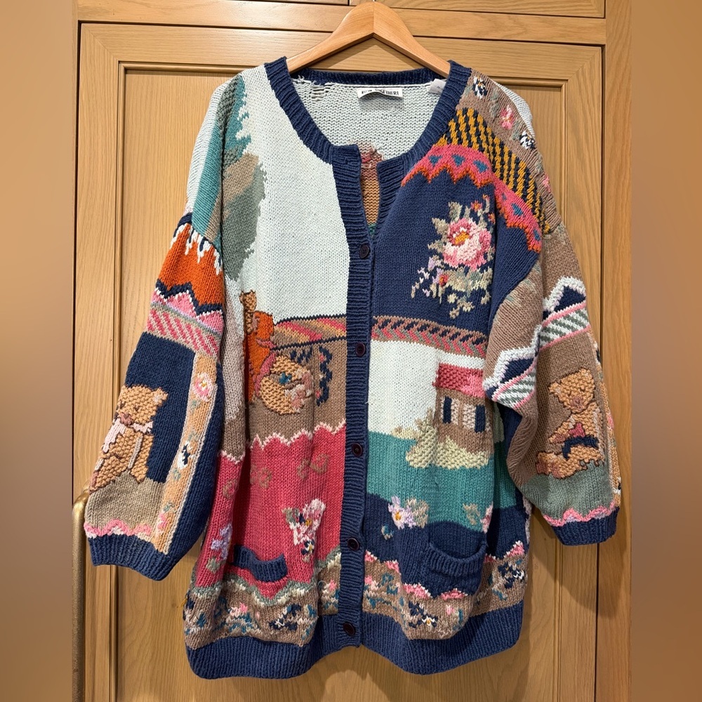 Together Vintage Cotton/Ramie Multicolor Cardigan Teddy Bear Floral /2XL